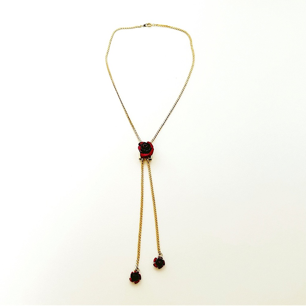 Vintage lariat gold tone necklace with detailed red roses